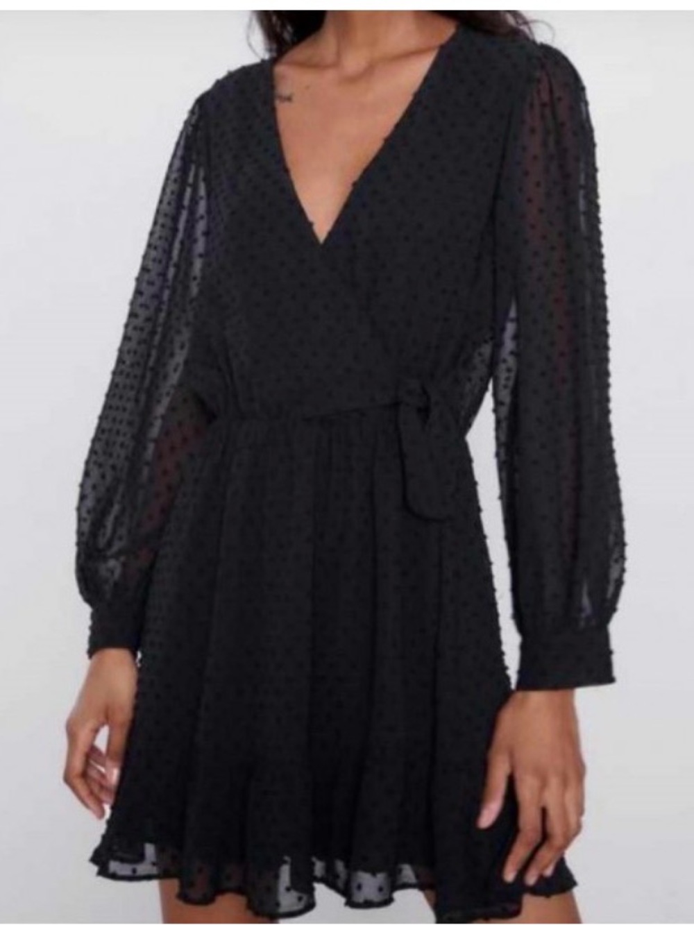 Zara Black Swiss Dot Long-Sleeve Wrap Dress
